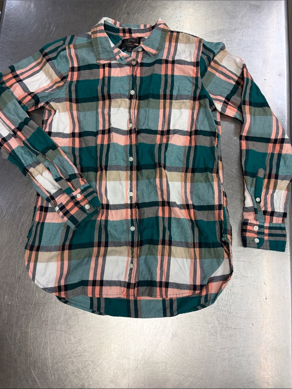 J. Crew Teal, Coral Pink & Cream Plaid Long Sleeve Button-Up Size 4